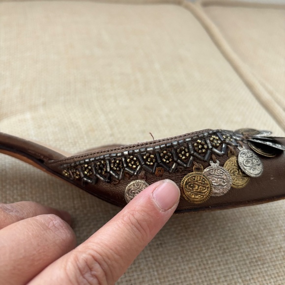 Manolo Blahnik 2000s Silver & Gold Coin Brown Leather Mule Heels - Picture 7 of 13